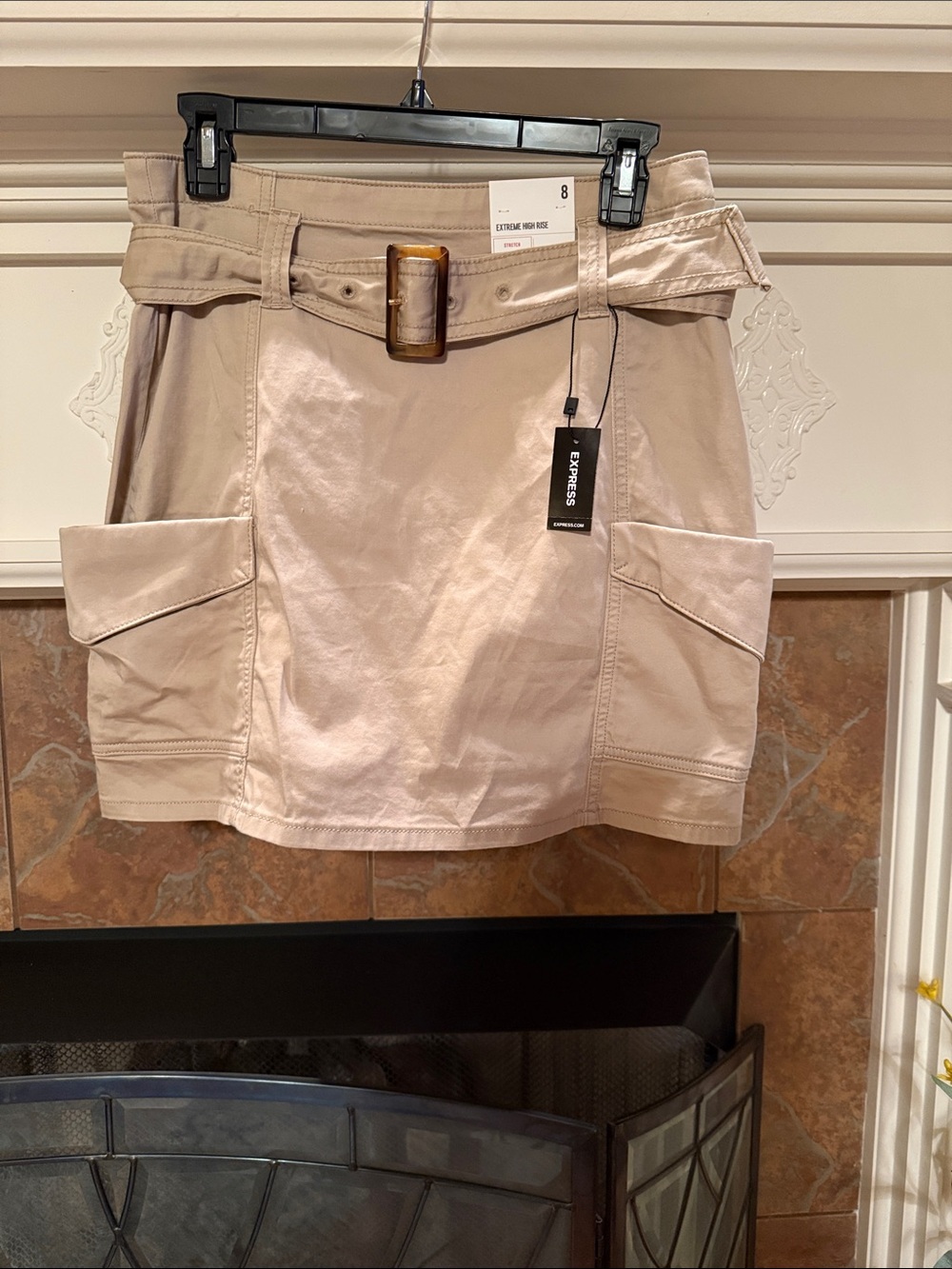 Express Beige Cargo Mini Skort with Tortoise Buckle Belt